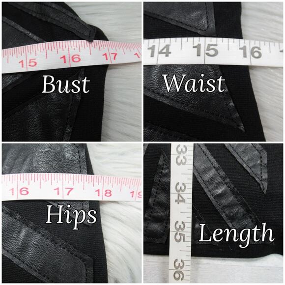 GREYLIN Ollie Black Faux Leather Geometric Patch Sheath Dress Size Large - Picture 9 of 11